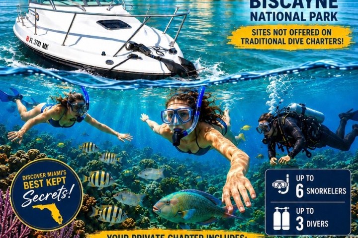 Boat tour ad for private scuba in Miami, featuring snorkeling scene underwater.