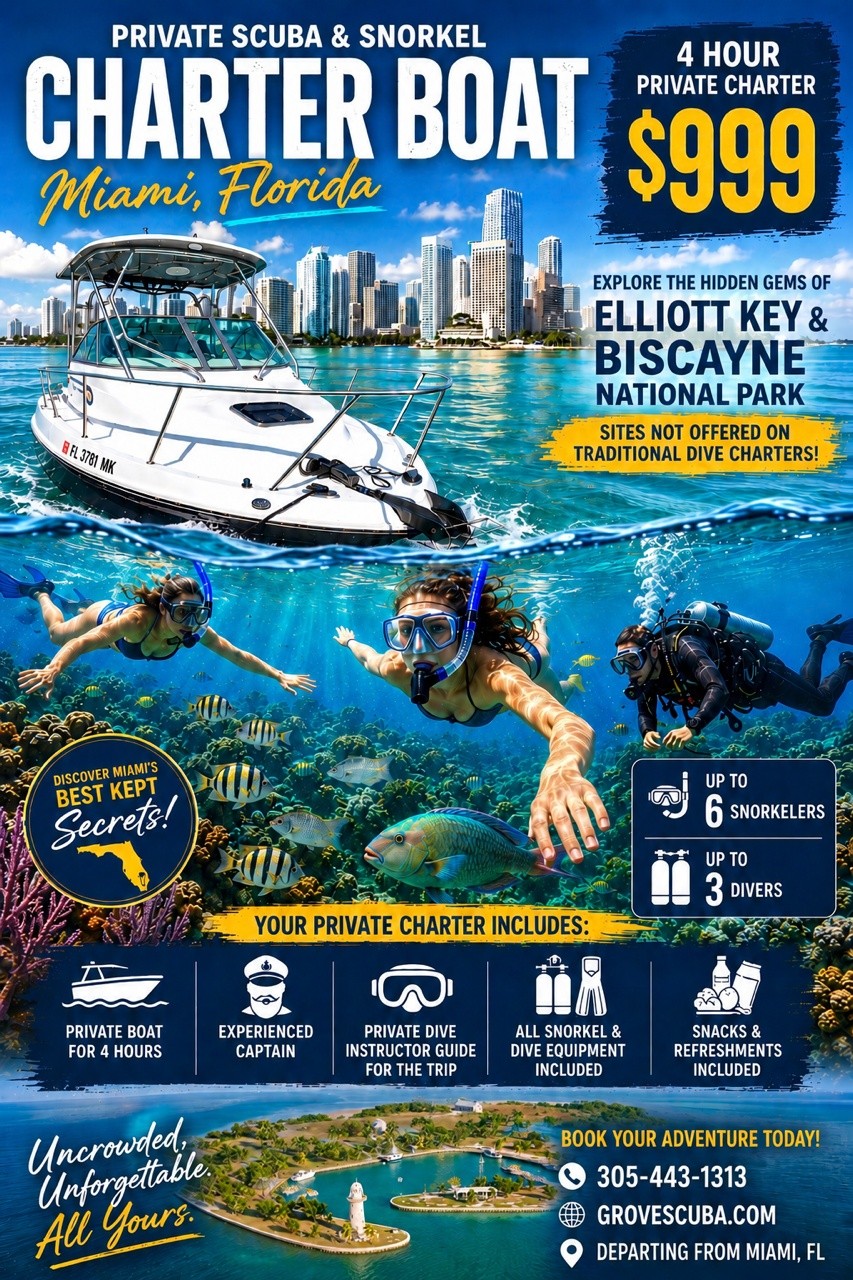 Boat tour ad for private scuba in Miami, featuring snorkeling scene underwater.